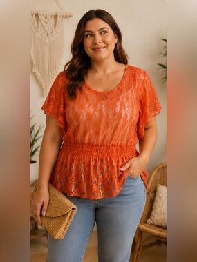 Miz & Mo Coral Lace Peplum Top 1X Boho Boutique Sheer Overlay Blouse